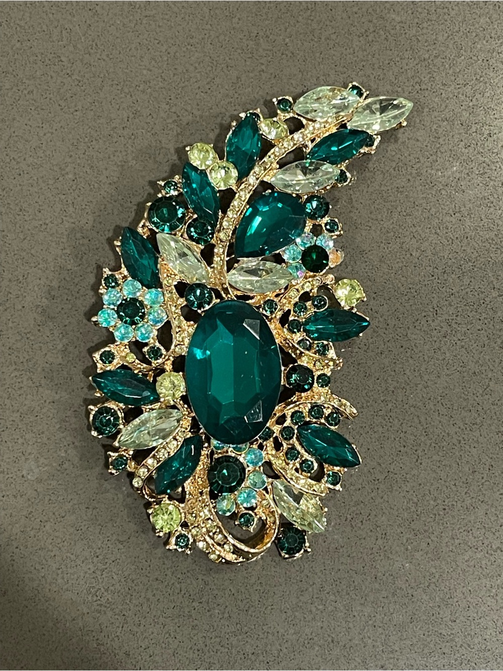 Gold-Tone Emerald and Aqua Crystal Leaf Brooch